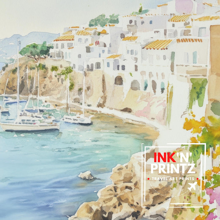 Ibiza Watercolor Painting Spanish Island Art Ibiza Print Scenic Mediterranean Decor Ibiza Beach Art