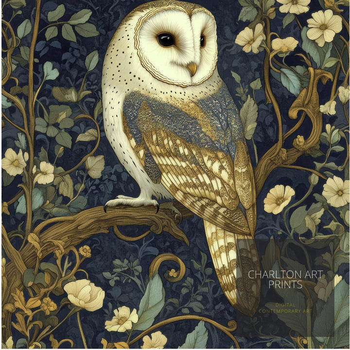 William Morris Barn Owl in Moonlit Garden Art Print Cottagecore Decor Vintage Woodland Wall Art Nature Poster for Cozy Homes and Garden