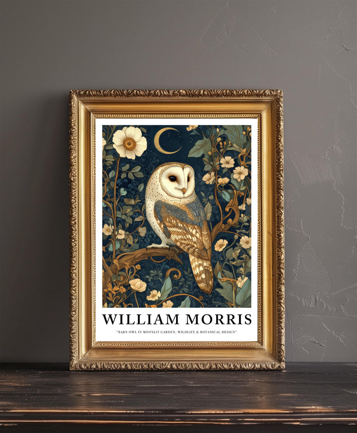 William Morris Barn Owl in Moonlit Garden Art Print Cottagecore Decor Vintage Woodland Wall Art Nature Poster for Cozy Homes and Garden