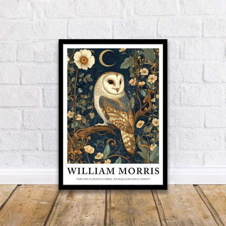 William Morris Barn Owl in Moonlit Garden Art Print Cottagecore Decor Vintage Woodland Wall Art Nature Poster for Cozy Homes and Garden