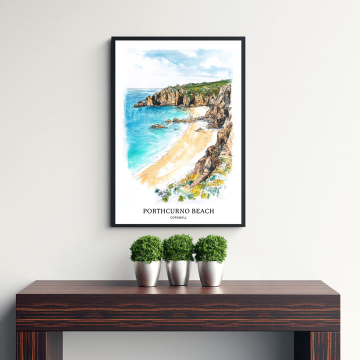Porthcurno Beach Watercolor Painting Cornwall Beach Art Porthcurno Print Scenic Seaside Decor