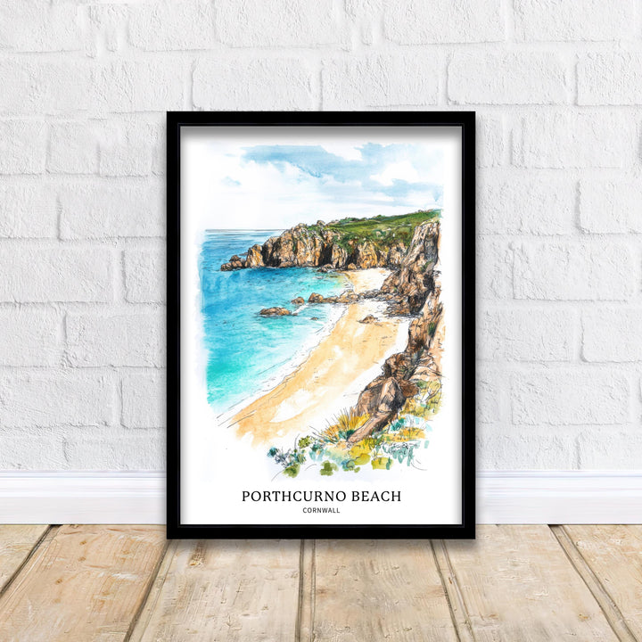 Porthcurno Beach Watercolor Painting Cornwall Beach Art Porthcurno Print Scenic Seaside Decor
