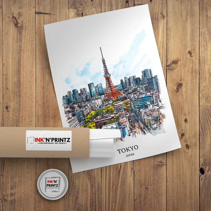 Tokyo Japan Watercolor Painting Tokyo Skyline Art Japan Print Scenic Cityscape Watercolor Decor