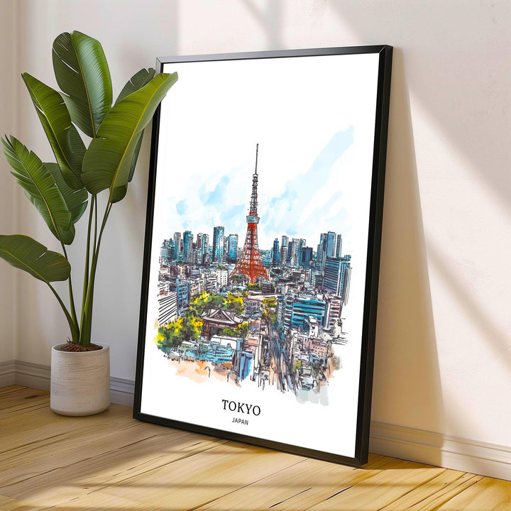 Tokyo Japan Watercolor Painting Tokyo Skyline Art Japan Print Scenic Cityscape Watercolor Decor