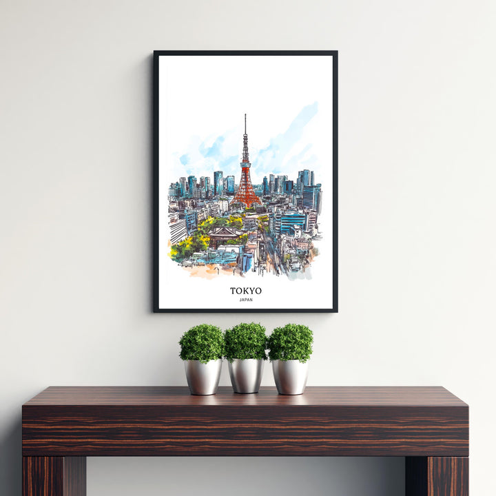 Tokyo Japan Watercolor Painting Tokyo Skyline Art Japan Print Scenic Cityscape Watercolor Decor