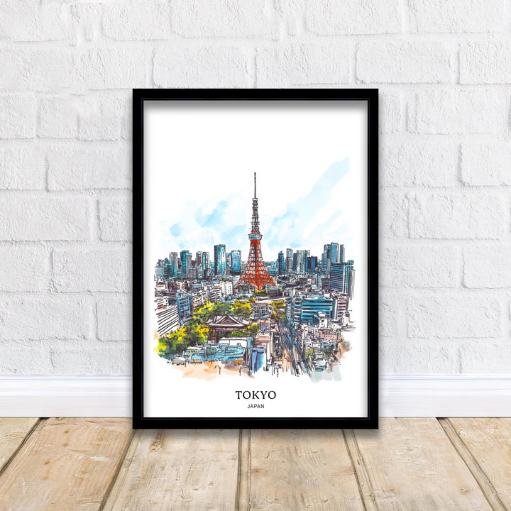 Tokyo Japan Watercolor Painting Tokyo Skyline Art Japan Print Scenic Cityscape Watercolor Decor