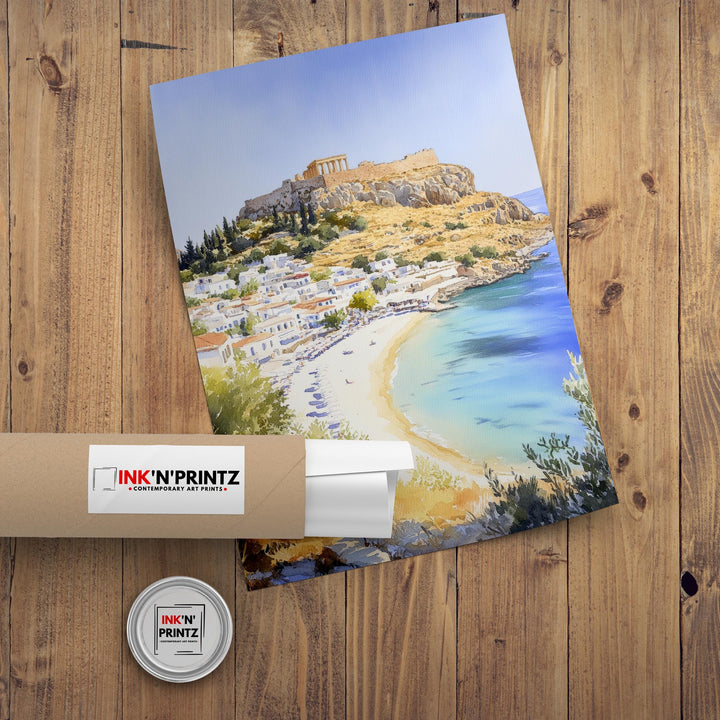 Lindos Watercolor Print Greek Island Art Lindos Village Print Scenic Greek Decor Rhodes Island Art