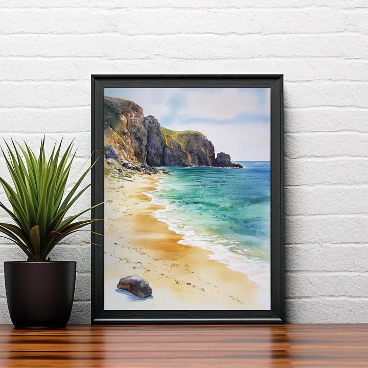 Porthcurno Beach Watercolor Painting Cornwall Beach Art Porthcurno Print Scenic Seaside Decor