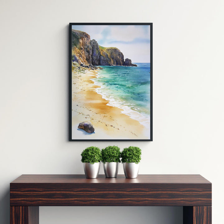 Porthcurno Beach Watercolor Painting Cornwall Beach Art Porthcurno Print Scenic Seaside Decor