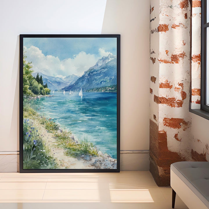 Lake Annecy Watercolor Painting French Alps Art Annecy Print Scenic Lake Decor Watercolor Landscape