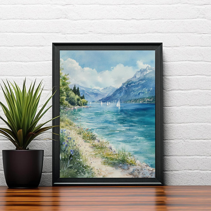 Lake Annecy Watercolor Painting French Alps Art Annecy Print Scenic Lake Decor Watercolor Landscape