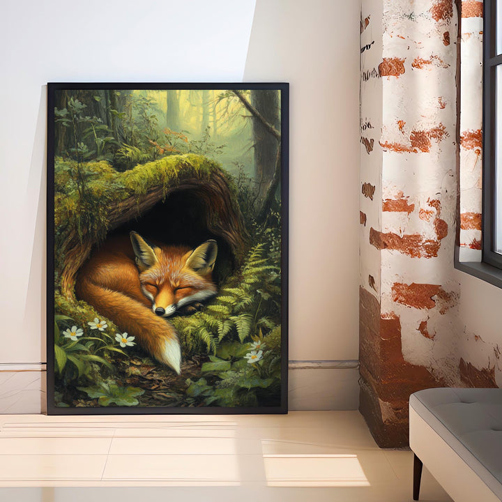 Red Fox Sleeping in Hollow Log Poster Cottagecore Decor Dark Academia Art Enchanted Wildlife Illustration Vintage Nature Wall Art