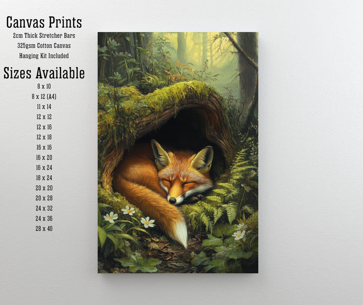 Red Fox Sleeping in Hollow Log Poster Cottagecore Decor Dark Academia Art Enchanted Wildlife Illustration Vintage Nature Wall Art