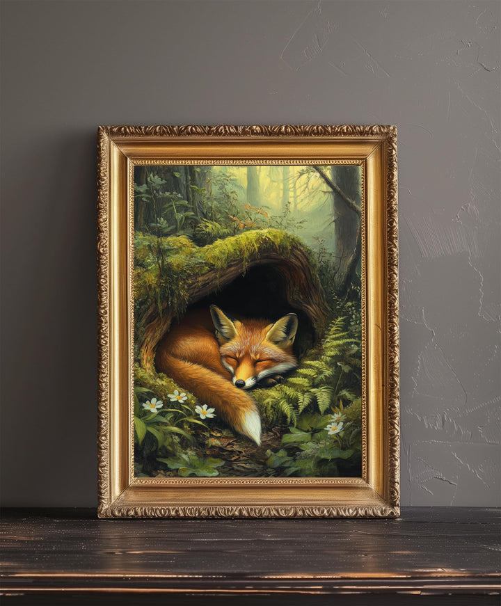 Red Fox Sleeping in Hollow Log Poster Cottagecore Decor Dark Academia Art Enchanted Wildlife Illustration Vintage Nature Wall Art