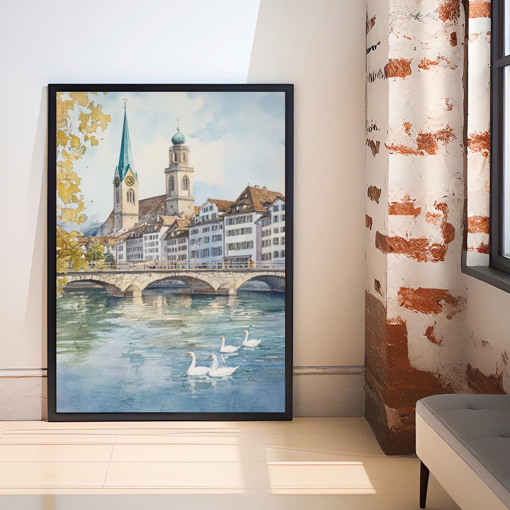 Zurich Watercolor Painting Swiss City Art Zurich Print Scenic Swiss Landscape Decor