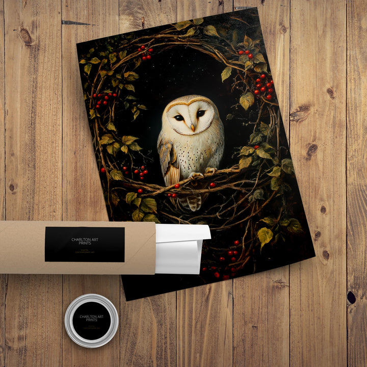 Barn Owl in Hedgerow Art Print Cottagecore Woodland Bird Decor Rustic Nature Wall Art