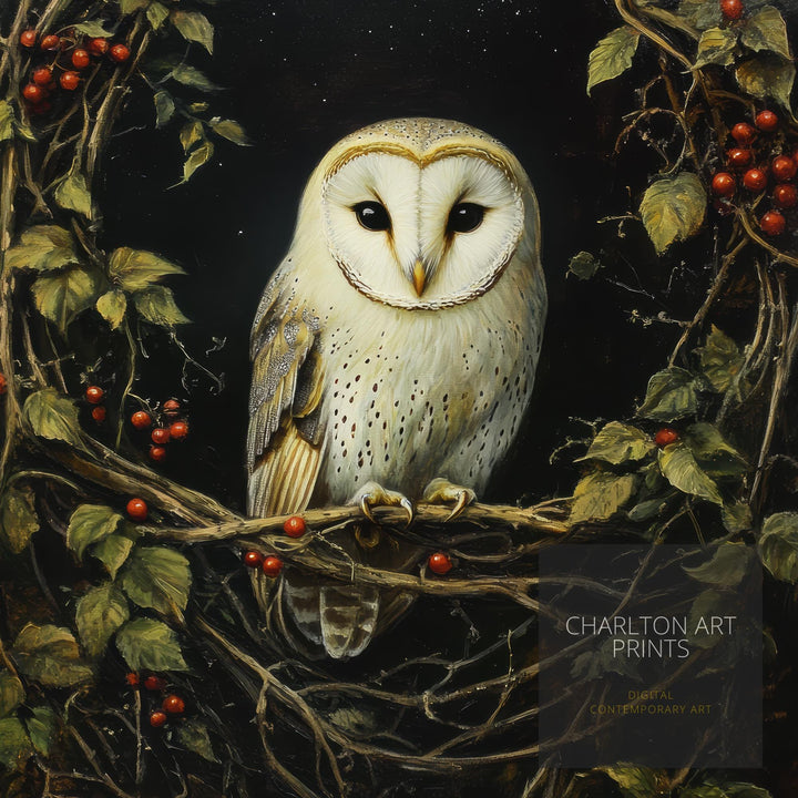 Barn Owl in Hedgerow Art Print Cottagecore Woodland Bird Decor Rustic Nature Wall Art