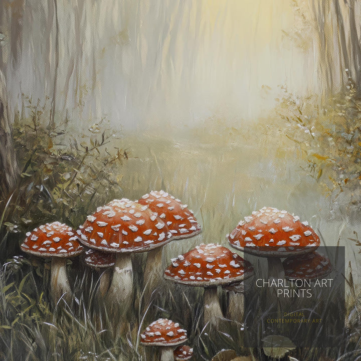 Toadstools in Misty Field Art Print Cottagecore Decor Whimsical Woodland Wall Art Vintage Nature Poster for Cozy Homes and Forest Inspired