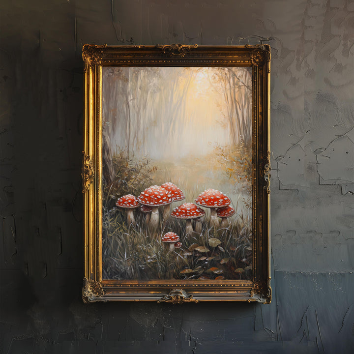 Toadstools in Misty Field Art Print Cottagecore Decor Whimsical Woodland Wall Art Vintage Nature Poster for Cozy Homes and Forest Inspired