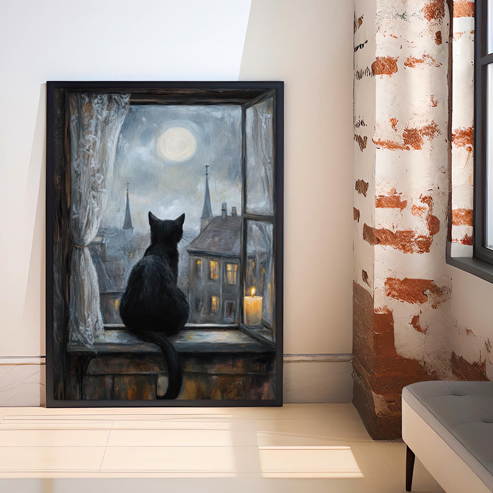 Black Cat on Windowsill Art Print Cottagecore Cozy Home Decor Whimsical Feline Wall Art