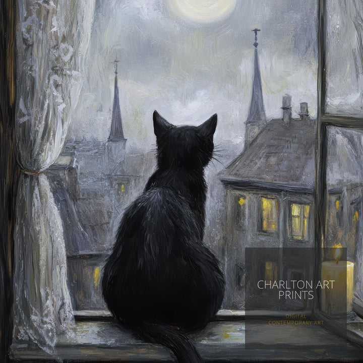 Black Cat on Windowsill Art Print Cottagecore Cozy Home Decor Whimsical Feline Wall Art