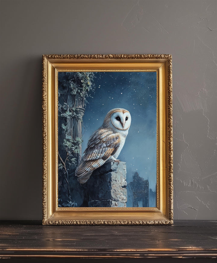 Barn Owl in Ivy Ruins Art Print Cottagecore Woodland Bird Decor Gothic Nature Wall Art