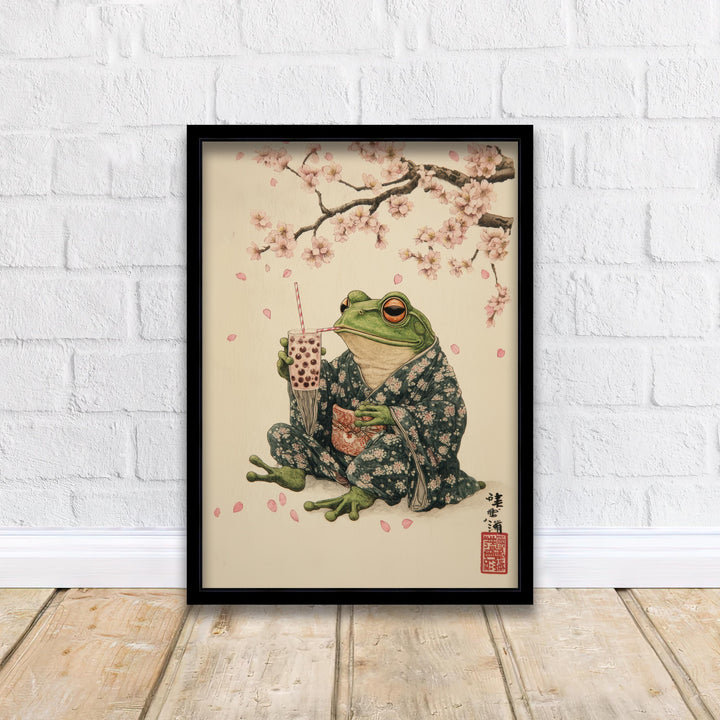 Japanese Frog Drinking Tea Art Print Whimsical Poster Ukiyo-e Style Wall Art for Cozy Homes and Nature Inspired Decor