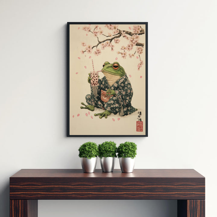 Japanese Frog Drinking Tea Art Print Whimsical Poster Ukiyo-e Style Wall Art for Cozy Homes and Nature Inspired Decor