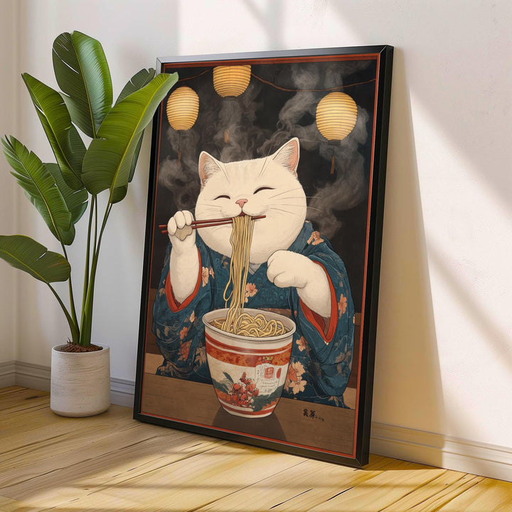 Japanese Cat in Kimono Eating Noodles Poster Whimsical Asian Art Print Cute Feline Wall Decor