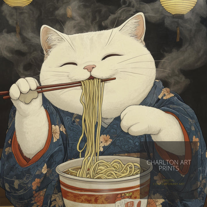 Japanese Cat in Kimono Eating Noodles Poster Whimsical Asian Art Print Cute Feline Wall Decor