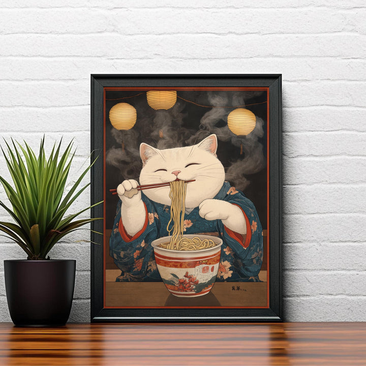 Japanese Cat in Kimono Eating Noodles Poster Whimsical Asian Art Print Cute Feline Wall Decor