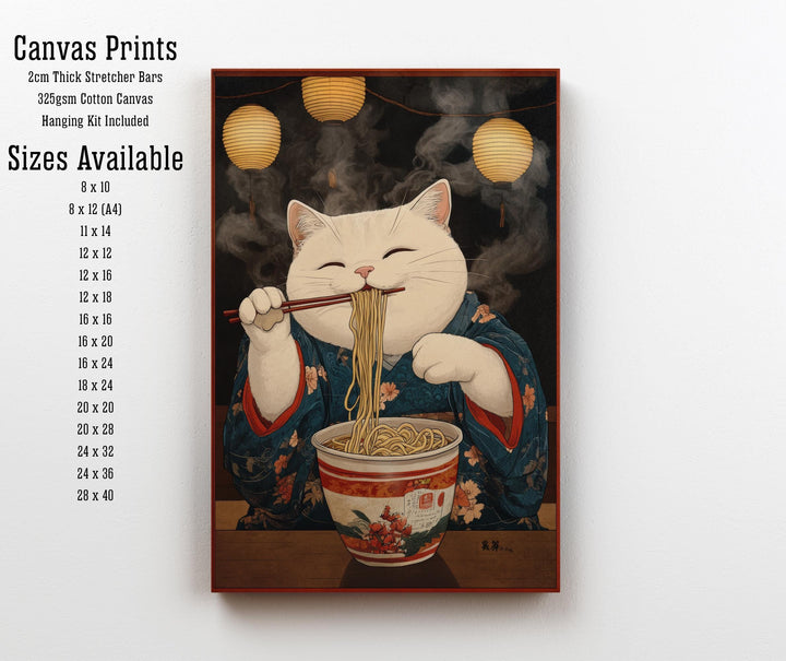 Japanese Cat in Kimono Eating Noodles Poster Whimsical Asian Art Print Cute Feline Wall Decor