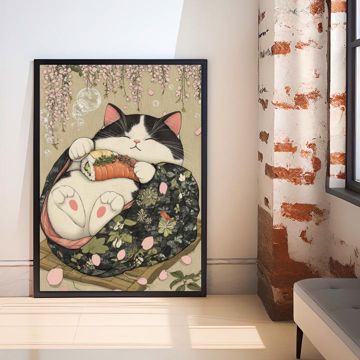Japanese Cat Sleeping Poster Cute Feline Wall Art Japanese Style Home Decor