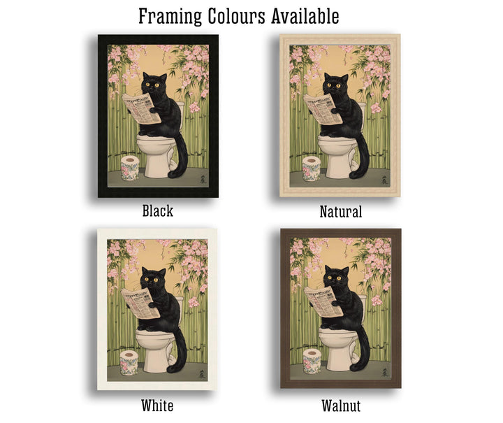 Japanese Cat Sitting on Toilet Art Print Whimsical Poster Ukiyo-e Style Funny Cat Wall Art for Cozy Homes and Quirky Bathroom Decor