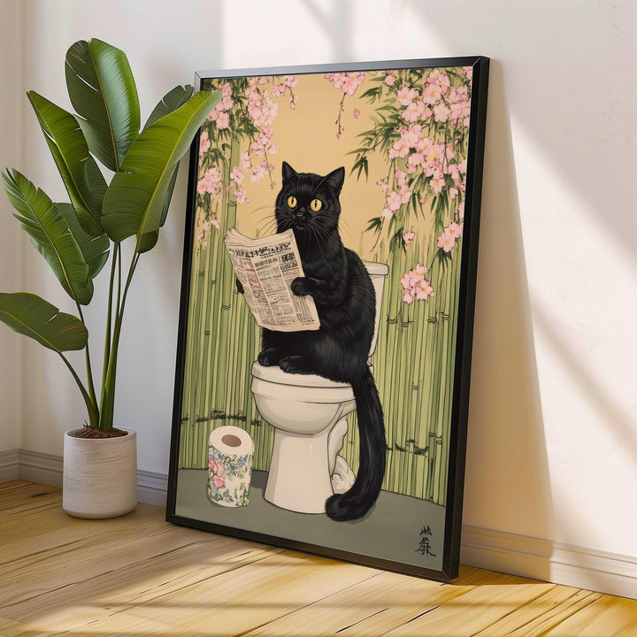 Japanese Cat Sitting on Toilet Art Print Whimsical Poster Ukiyo-e Style Funny Cat Wall Art for Cozy Homes and Quirky Bathroom Decor