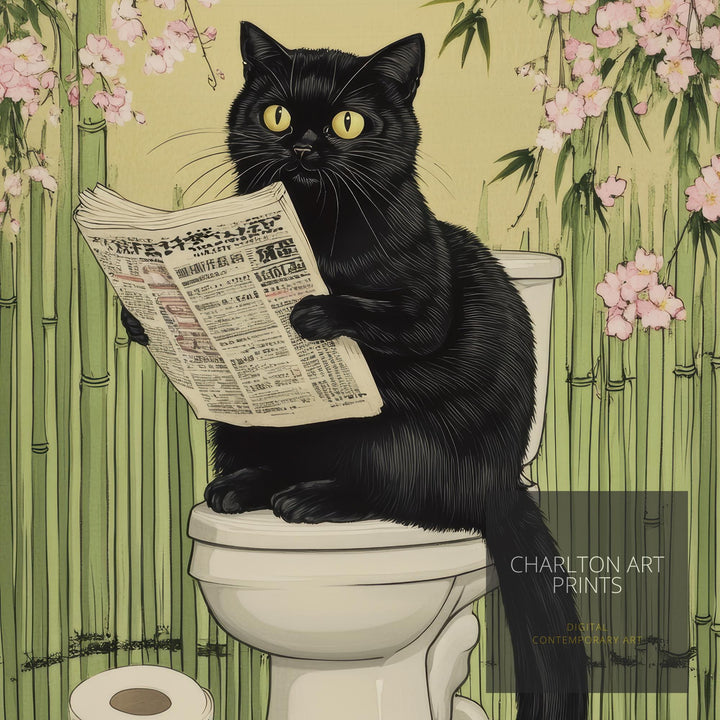 Japanese Cat Sitting on Toilet Art Print Whimsical Poster Ukiyo-e Style Funny Cat Wall Art for Cozy Homes and Quirky Bathroom Decor