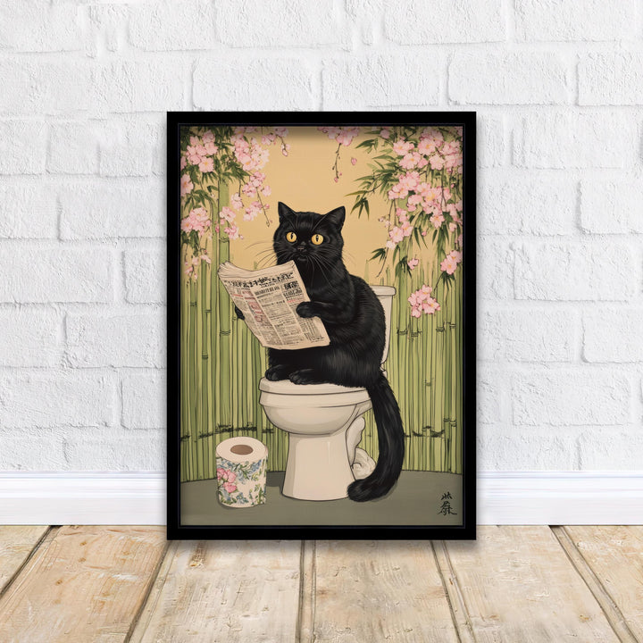 Japanese Cat Sitting on Toilet Art Print Whimsical Poster Ukiyo-e Style Funny Cat Wall Art for Cozy Homes and Quirky Bathroom Decor