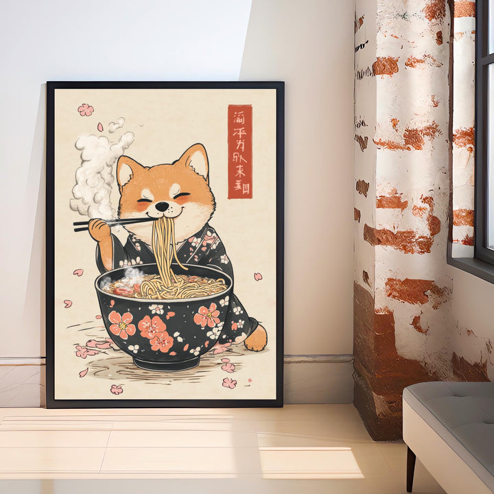 Shiba Slurping Ramen Art Print Whimsical Japanese Style Dog Poster for Cozy Homes Kitchen Decor and Ramen Lover Inspired Spaces