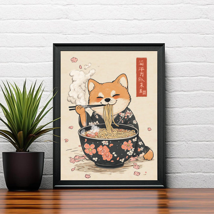 Shiba Slurping Ramen Art Print Whimsical Japanese Style Dog Poster for Cozy Homes Kitchen Decor and Ramen Lover Inspired Spaces