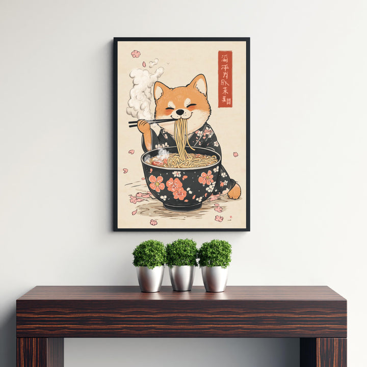 Shiba Slurping Ramen Art Print Whimsical Japanese Style Dog Poster for Cozy Homes Kitchen Decor and Ramen Lover Inspired Spaces