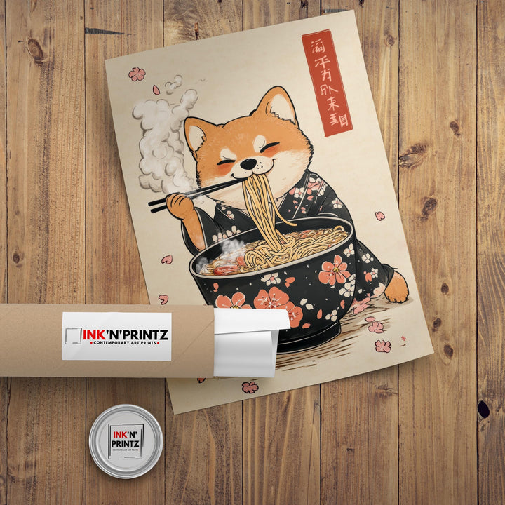 Shiba Slurping Ramen Art Print Whimsical Japanese Style Dog Poster for Cozy Homes Kitchen Decor and Ramen Lover Inspired Spaces
