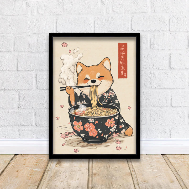 Shiba Slurping Ramen Art Print Whimsical Japanese Style Dog Poster for Cozy Homes Kitchen Decor and Ramen Lover Inspired Spaces