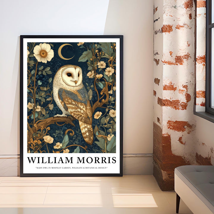 William Morris Barn Owl in Moonlit Garden Art Print Cottagecore Decor Vintage Woodland Wall Art Nature Poster for Cozy Homes and Garden