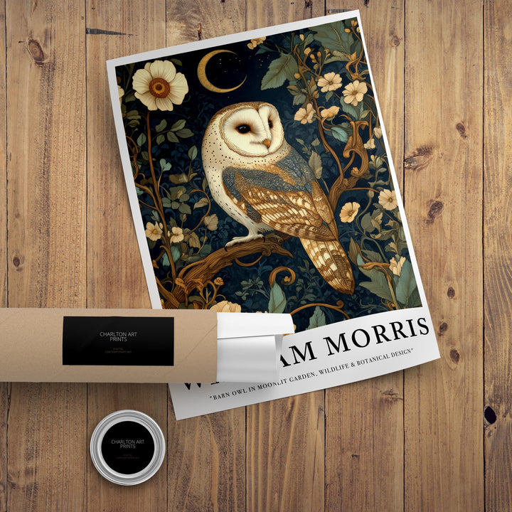 William Morris Barn Owl in Moonlit Garden Art Print Cottagecore Decor Vintage Woodland Wall Art Nature Poster for Cozy Homes and Garden