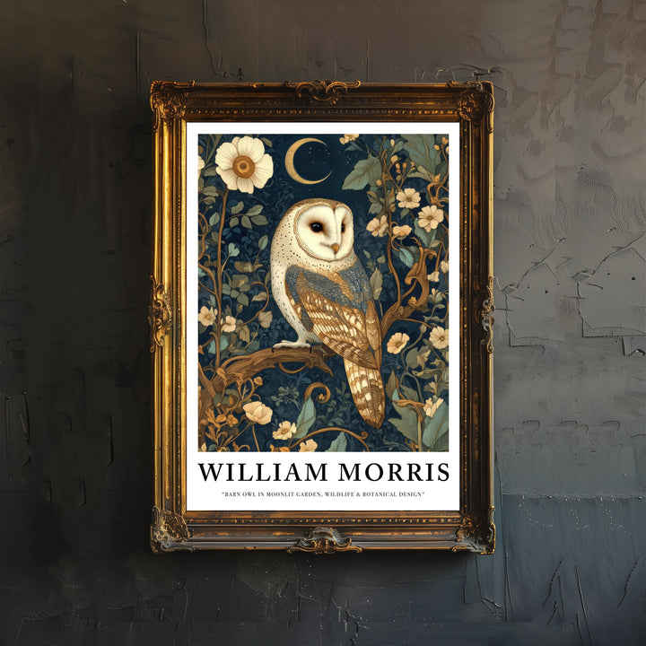 William Morris Barn Owl in Moonlit Garden Art Print Cottagecore Decor Vintage Woodland Wall Art Nature Poster for Cozy Homes and Garden