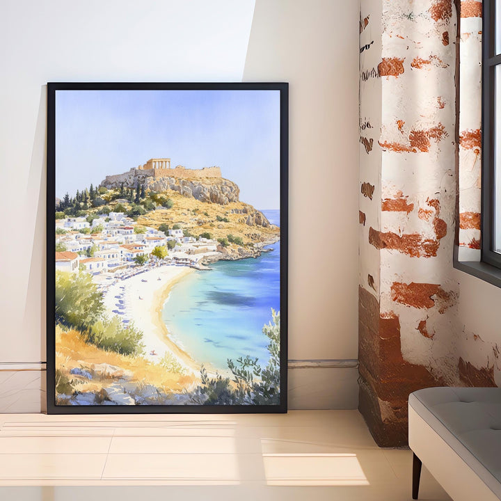 Lindos Watercolor Print Greek Island Art Lindos Village Print Scenic Greek Decor Rhodes Island Art