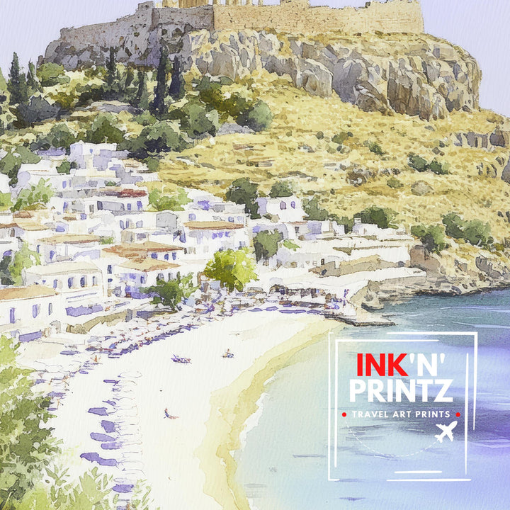 Lindos Watercolor Print Greek Island Art Lindos Village Print Scenic Greek Decor Rhodes Island Art