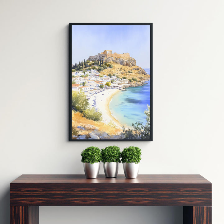 Lindos Watercolor Print Greek Island Art Lindos Village Print Scenic Greek Decor Rhodes Island Art