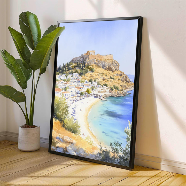 Lindos Watercolor Print Greek Island Art Lindos Village Print Scenic Greek Decor Rhodes Island Art