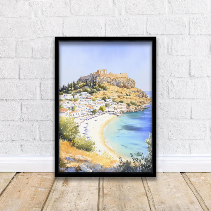 Lindos Watercolor Print Greek Island Art Lindos Village Print Scenic Greek Decor Rhodes Island Art